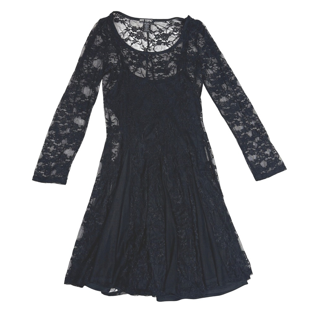 Hot Topic Black Floral Lace Long Sleeve Fit & Flare Gothic Romantic Dress Large